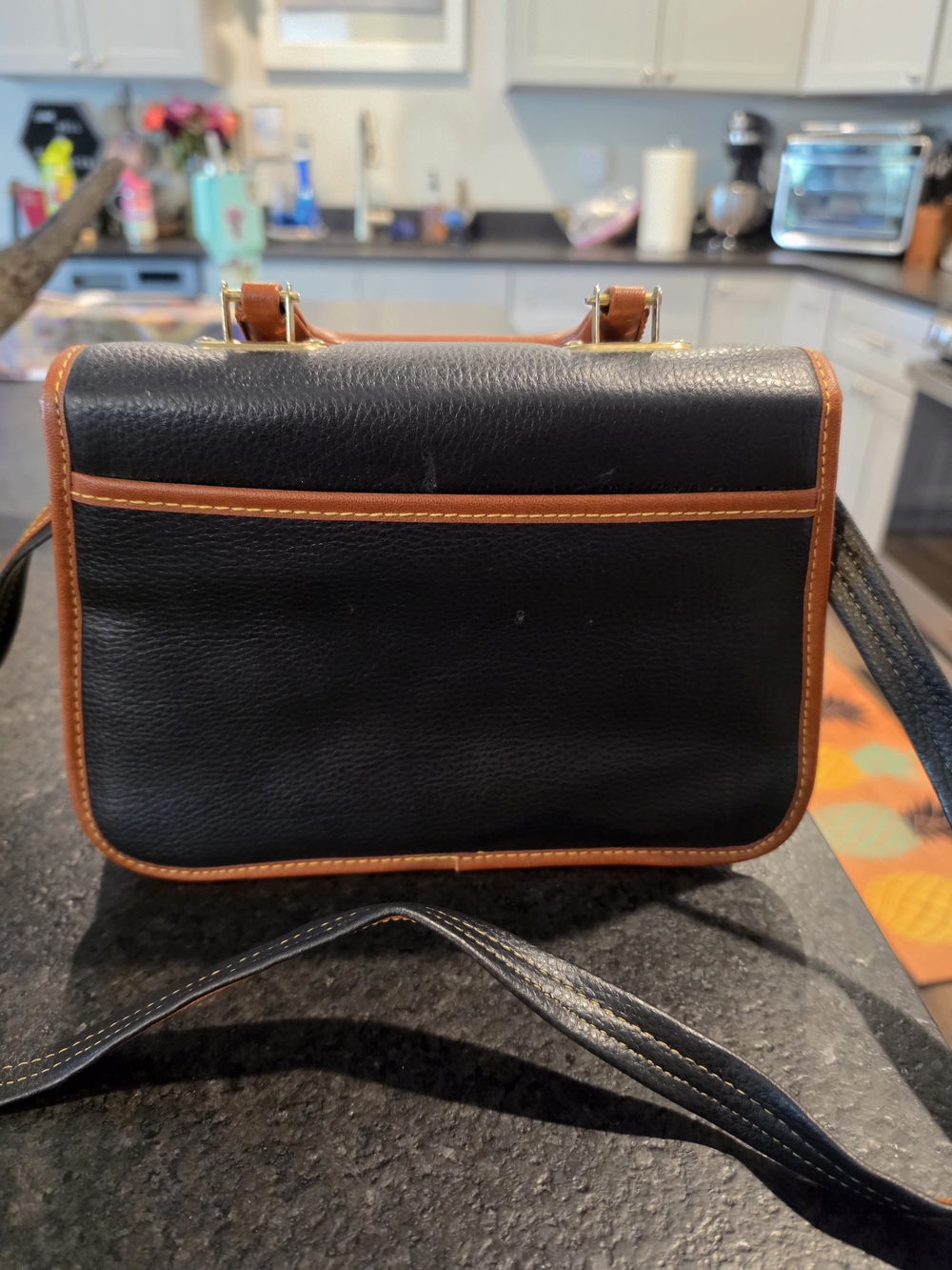 Dooney & Bourke Black Leather Satchel with Brown Trim and Brass Accents - Picture 8 of 9